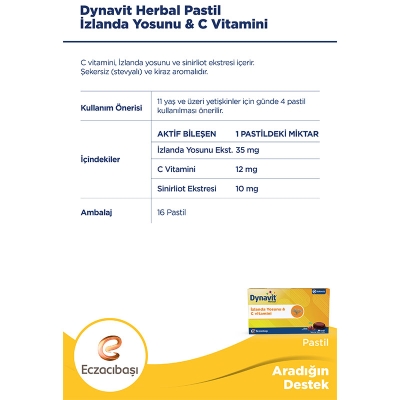 Eczacıbaşı Dynavit Herbal İzlanda Yosunu ve C Vitamini İçerikli 16 Adet Pastil
