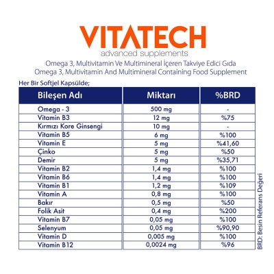 Vitatech 3 in 1 Omega 3 Multivitamin ve Multimineral 30 Kapsül